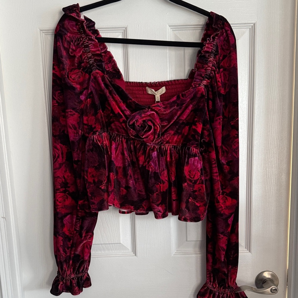 Velvet Floral Blouse in Red and Black